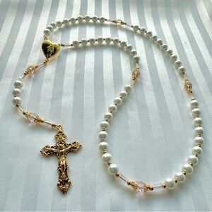 Pearl Wire-Strung Heart Locket Prayer Rosary